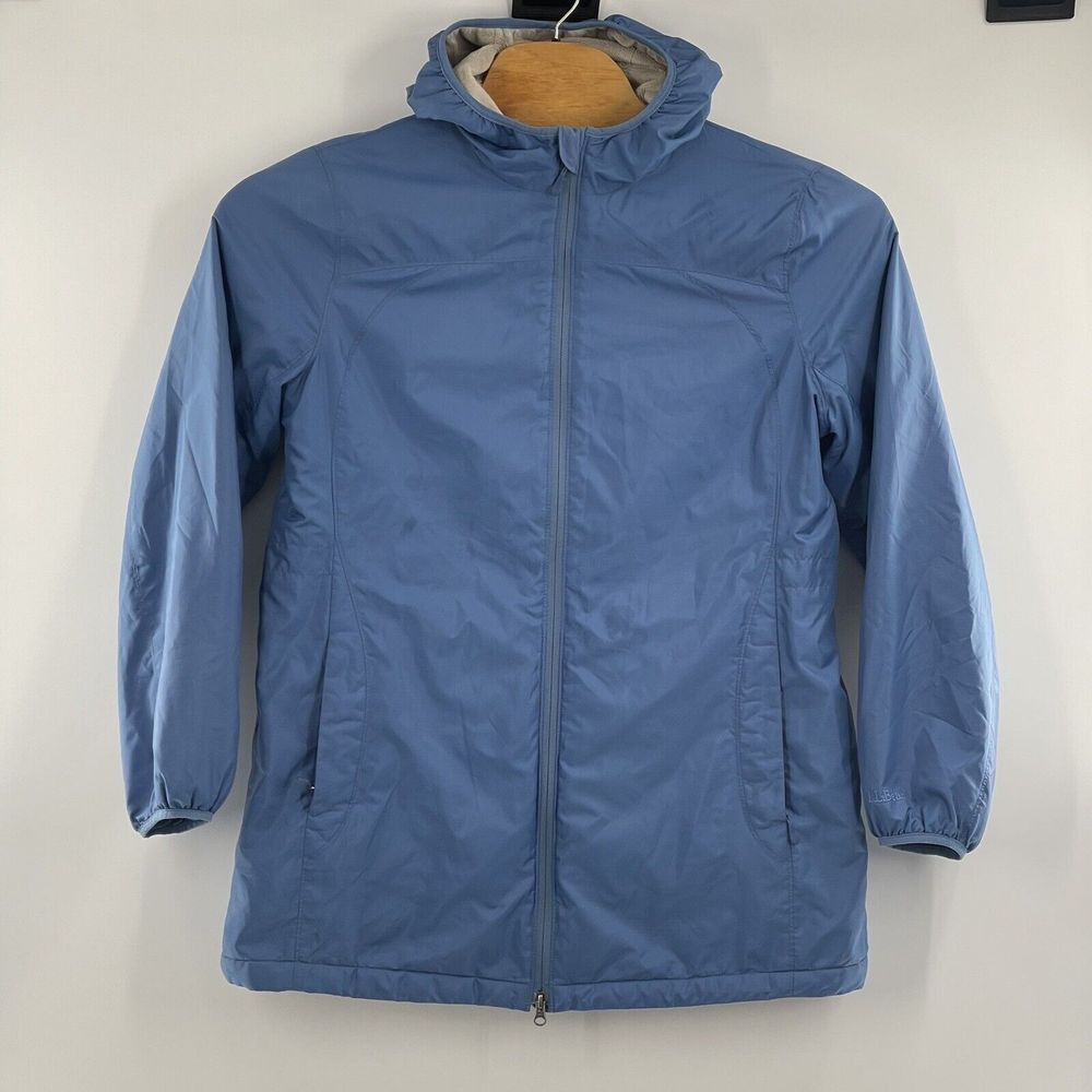 Womens Misses L LL Beans Rain Jacket Coat Hooded Full‎ Zip Blue Reg